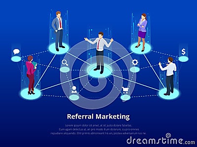 Isometric Referral marketing, network marketing, referral program strategy, referring friends, business partnership Vector Illustration