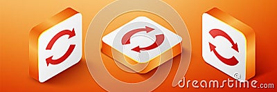 Isometric Refresh icon isolated on orange background. Reload symbol. Rotation arrows in a circle sign. Orange square Vector Illustration