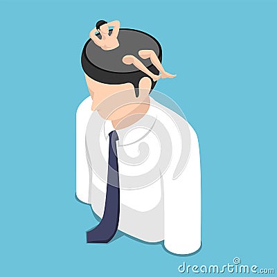 Isometric Relaxed Businessman Resting Inside Himself Head Vector Illustration