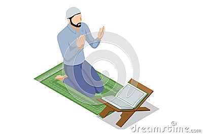 Isometric Religious muslim man praying inside the mosque. Kuran or Quran , the holy book of all Muslim Worship, making Vector Illustration