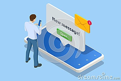 Isometric Reminder Concept. Smartphone with Alarm Clock Reminder Message on Screen. Vector Illustration