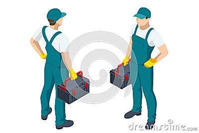 Isometric repairman or mechanic with a toolbox. Man working, holds toolbox with instrument Vector Illustration