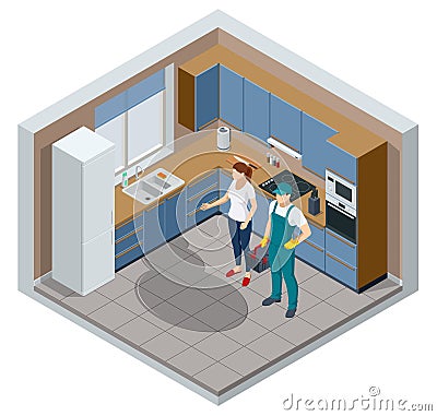 Isometric repairman or mechanic with a toolbox. Man working, holds toolbox with instrument. Professional worker in the Vector Illustration