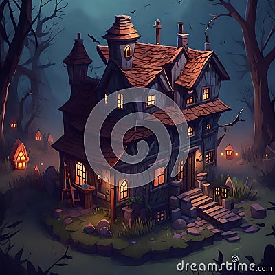 Forest of Frights: Isometric Game Village House at Dusk Stock Photo