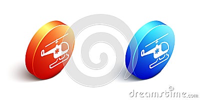 Isometric Rescue helicopter icon isolated on white background. Ambulance helicopter. Orange and blue circle button Stock Photo