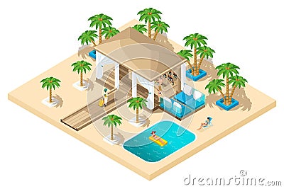 Isometric rest house, a girl with a suitcase from the plane goes to the reception, luxurious rest, palm trees, pool, sand Vector Illustration