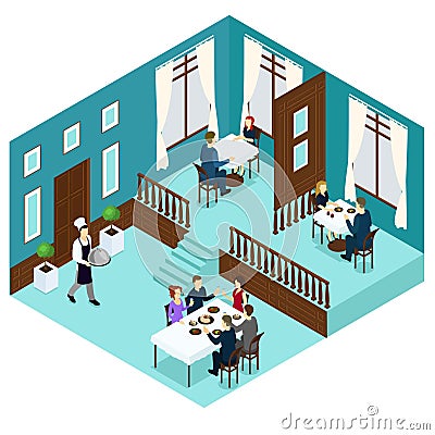 Isometric Restaurant Dining Room Concept Vector Illustration