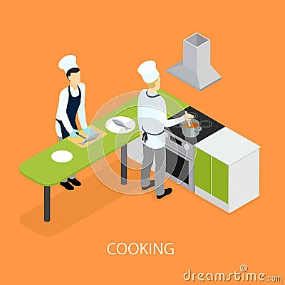 Isometric Restaurant People Cooking Template Vector Illustration