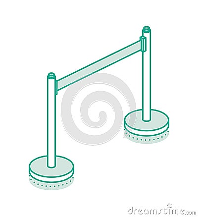 Isometric retractable belt stanchion. Portable ribbon barrier. Fencing tape. Outline style. Objects isolated on white background Cartoon Illustration