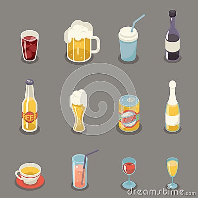 Isometric Retro Flat Alcohol Beer Juice Tea Wine Drink Icons and Symbols Set Vector Illustration Vector Illustration