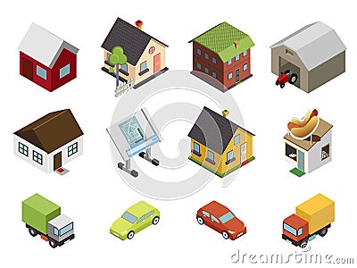 Isometric Retro Flat Cars House Real Estate Icons Vector Illustration