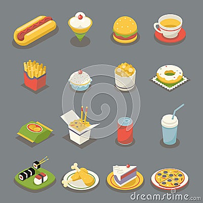 Isometric Retro Flat Fast Food Icons and Symbols Set Flat Design Vector Illustration Vector Illustration