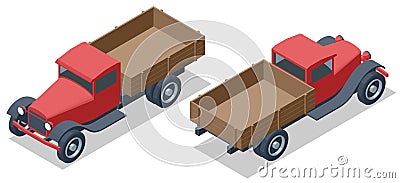 Isometric Retro Old Cargo Truck transportation. Fast delivery or logistic transport. Empty small truck. Small truck van Vector Illustration