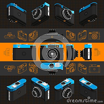 Isometric retro photo camera, 3D. Set 3 Vector Illustration