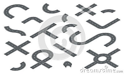 Isometric road and highway. Set of asphalt street and way in city. Curve path, speedway, junction for journey. Trip and map for Vector Illustration