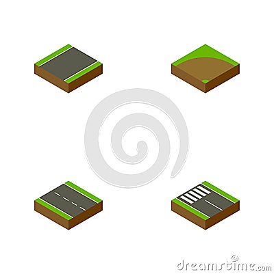 Isometric Road Set Of Sand, Strip, Single-Lane Vector Objects. Also Includes Road, Turn, Pedestrian Elements. Vector Illustration