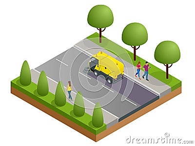 Isometric Road Sweeper dust cleaner road sweeper. Special purpose vehicle for washing road. Vector Illustration