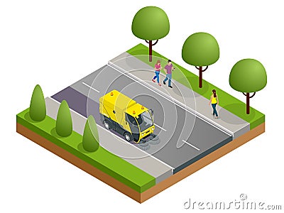 Isometric Road Sweeper dust cleaner road sweeper. Special purpose vehicle for washing road. Vector Illustration