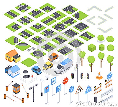 Isometric roads, 3d city constructor. Urban street road signposts, traffic light, billboard and street lighting 3D vector Vector Illustration