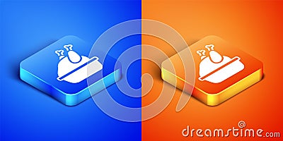 Isometric Roasted turkey or chicken icon isolated on blue and orange background. Square button. Vector Vector Illustration