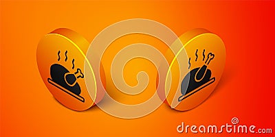 Isometric Roasted turkey or chicken icon isolated on orange background. Orange circle button. Vector Vector Illustration
