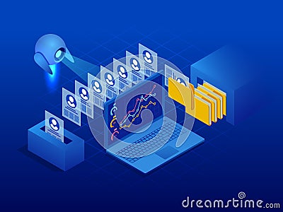 Isometric robot analyzes the database of employees or personnel. Data processing. Robot HR manager. Artificial Vector Illustration