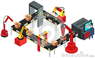 Mechanical arms lifts parcels and places on conveyor. Man checks filling of boxes for shipping Vector Illustration