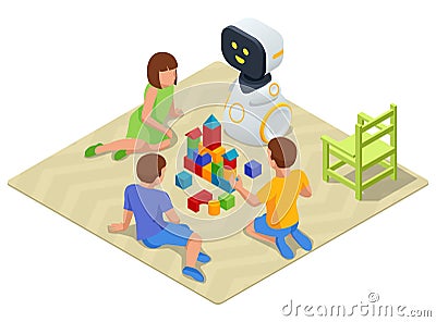 Isometric Robot Baby Sitter Playing Cubes With Children. Robot nanny and kids playing educational toys at kindergarten Vector Illustration