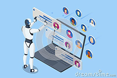 An isometric robot processes employee or personnel databases, handling data analysis. Acting as an HR manager, it Vector Illustration