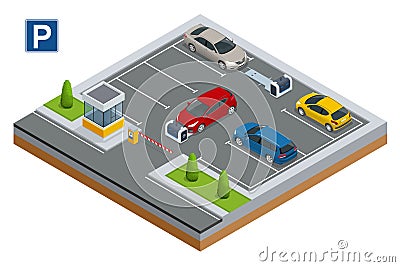 Isometric robot valet parking cars. Outdoor valet parking robot. Automated parking systems for cars Self-driving Vector Illustration