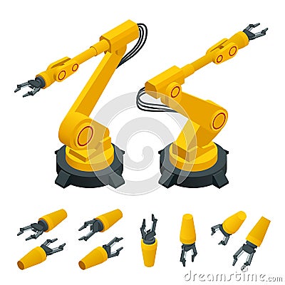 Isometric robotic arm, hand, industrial robot flat vector icons set. Robotics Industry Insights. Automotive and Vector Illustration