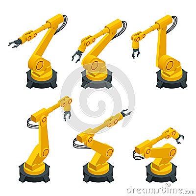 Isometric robotic arm, hand, industrial robot flat vector icons set. Robotics Industry Insights. Automotive and Vector Illustration