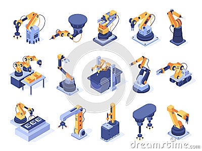 Isometric robotic arm. Industrial factory machines, manufacturing automatisation and production line robot arms 3d Vector Illustration