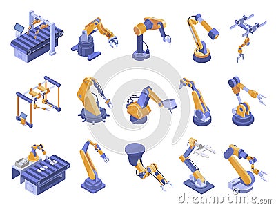 Isometric robotic arm set vector illustration innovation industrial factory machines robot arms Vector Illustration