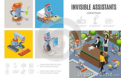 Isometric Robotic Assistants Infographic Template Vector Illustration