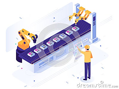 Isometric robotic factory. Engineer operates robotic conveyor, automatic robot arm and industrial manufacture vector Vector Illustration