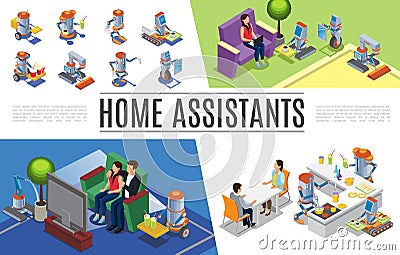 Isometric Robotic Home Assistants Collection Vector Illustration