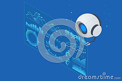 Isometric Robotic interfaces and virtual screens, futuristic and efficient operations tailored. A ai-robot interacts Vector Illustration