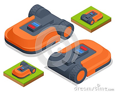 Isometric Robotic lawn mower on grass, trimmer robot Vector Illustration