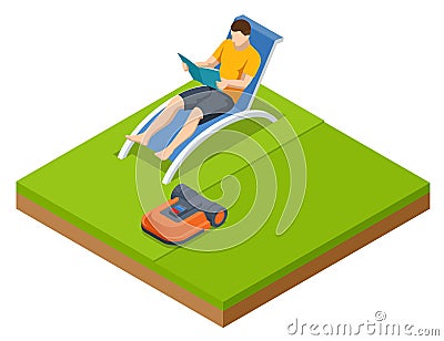 Isometric Robotic lawn mower on grass, trimmer robot Vector Illustration