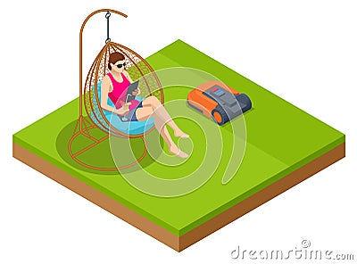 Isometric Robotic lawn mower on grass, trimmer robot Vector Illustration