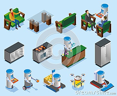 Isometric Robotic Restaurant Industry Composition Vector Illustration