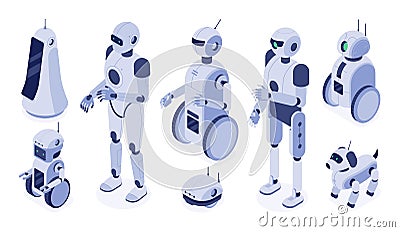 Isometric robots. Digital robotic machines, futuristic android development and 3d robot character vector illustration set Vector Illustration