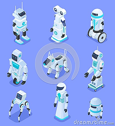 Isometric robots. Isometric robotic home assistant security robot pet. Futuristic 3d robots with artificial intelligence Vector Illustration