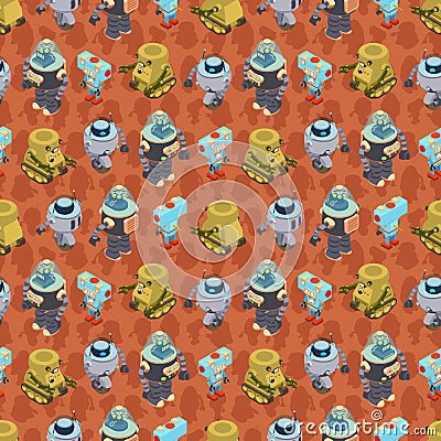 Isometric robots seamless pattern Vector Illustration