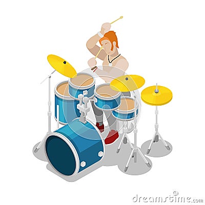 Isometric Rock Drummer Playing on Drums Vector Illustration