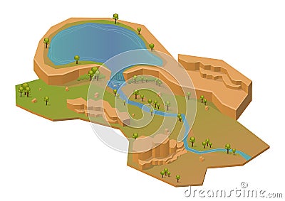 Isometric rock mount with lake and river Vector Illustration