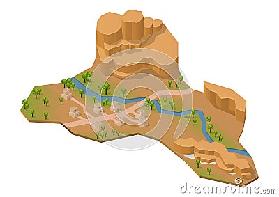 Isometric rock mountain with lake, river and house Vector Illustration