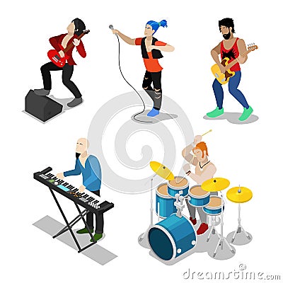 Isometric Rock Musicians with Singer, Guitarist and Drummer Vector Illustration