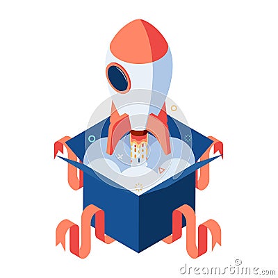 Isometric Rocket Launch from The Opening Box Vector Illustration